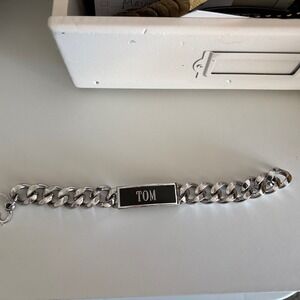 Vintage Speidel ID Bracelet Black Silver Tone Thick Chain Engraved TOM 8.5"‎